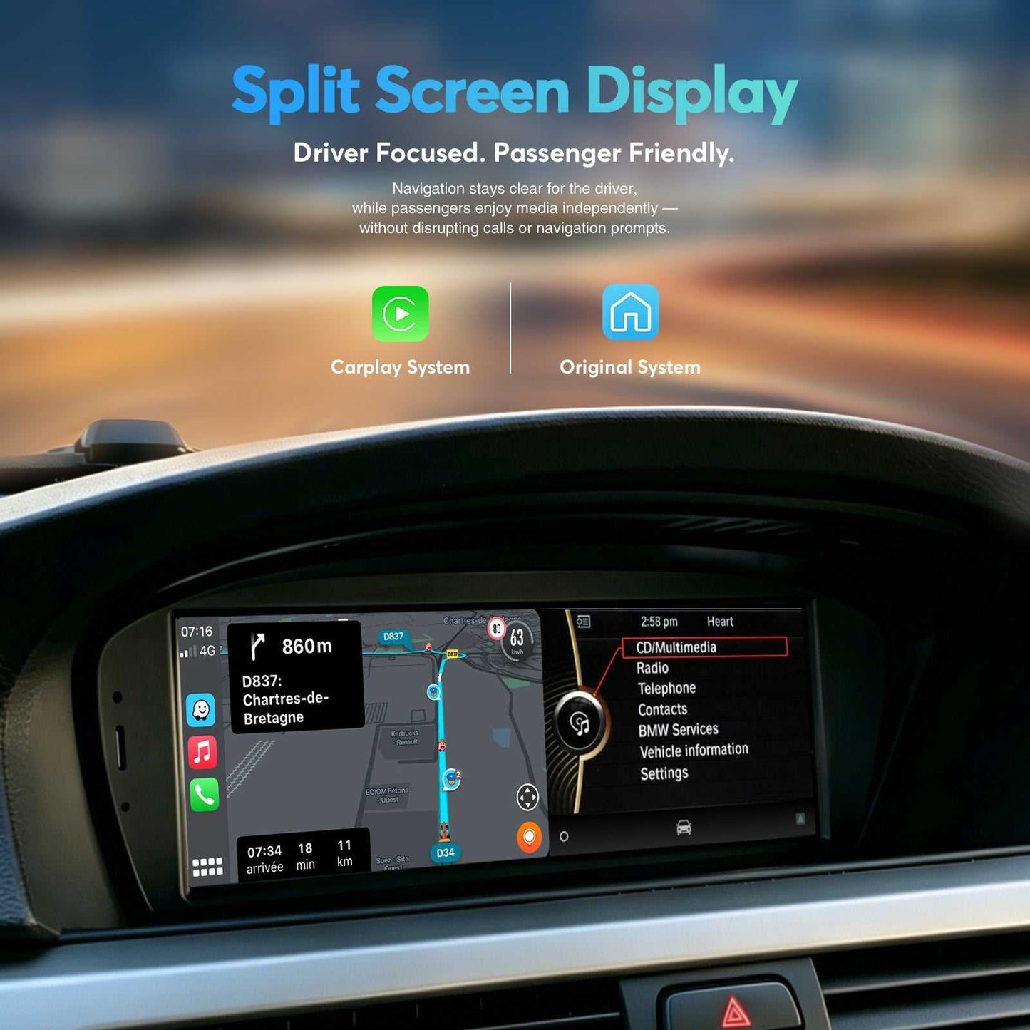 8.8” IPS Touch Screen Wireless CarPlay Android Auto Upgrade for BMW E60 E61 E63 E64 E90 E91 E92 E93 M3 M5 M6  Split‑Screen Factory Bluetooth Audio
