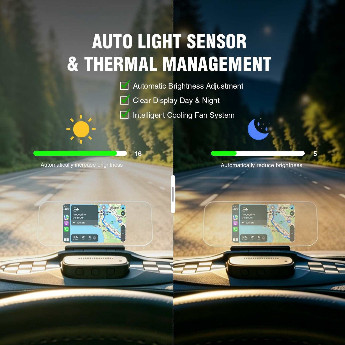VIVIHUD V5 Ultra Wireless CarPlay Android Auto Car HUD Head Up Display Multiple GPS Speedometer Navigation In-car Dashboard Brightness Adjustment
