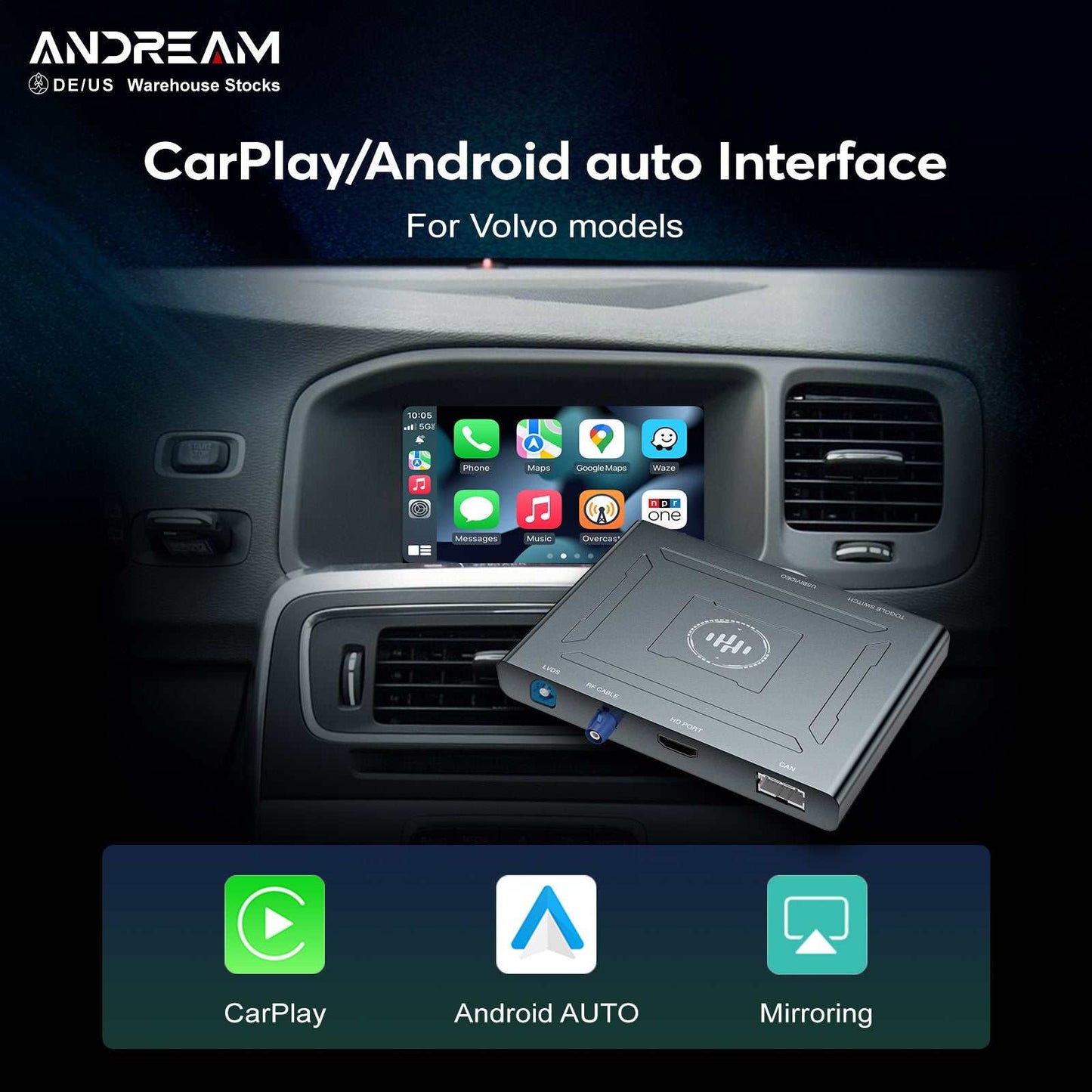 Andream Wireless CarPlay Android Auto MMI Adapter Box for Volvo XC70 XC90 S80 S90 V70  Retrofit Interface