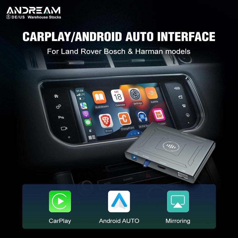 Andream Wireless CarPlay and Android Auto Interface Module Box is designed for Land Rover Sport, Evoque, Vogue, Discovery 4 and Jaguar XE, XF Bosch models