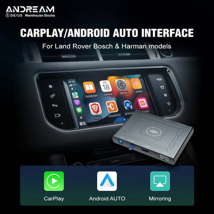 Andream Wireless CarPlay and Android Auto Interface Module Box is designed for Land Rover Sport, Evoque, Vogue, Discovery 4 and Jaguar XE, XF Bosch models