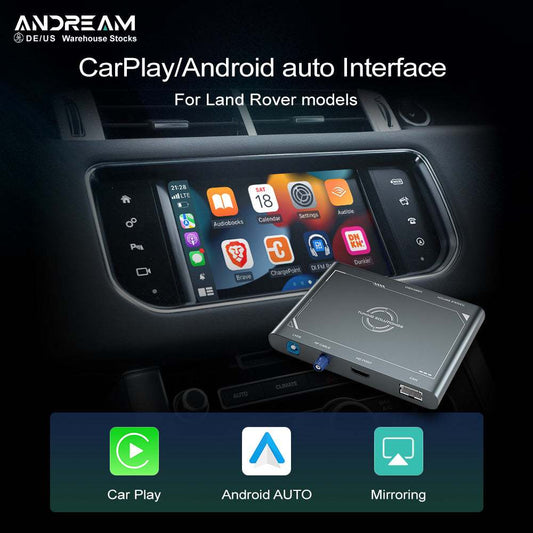 Andream Wireless CarPlay and Android Auto Interface Module Box is designed for Land Rover Sport, Evoque, Vogue, Discovery 4 and Jaguar XE, XF Bosch models